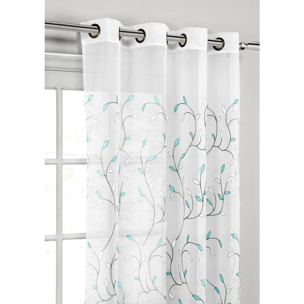 Grommet Curtain Panel, Embroidered Sheer Extra-Wide, Blue 54" x 84"