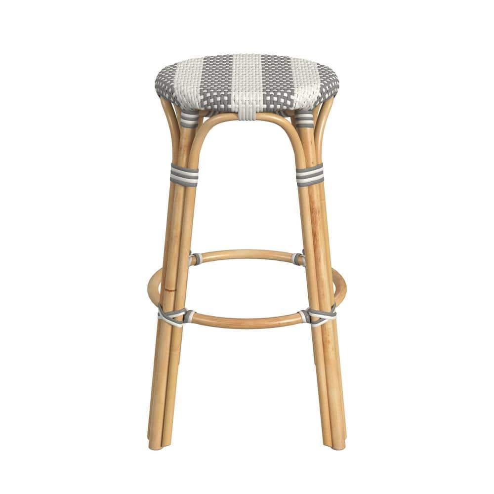 Butler Specialty Company Tobias Round Rattan 30" Bar Stool - Gray & White Stripe