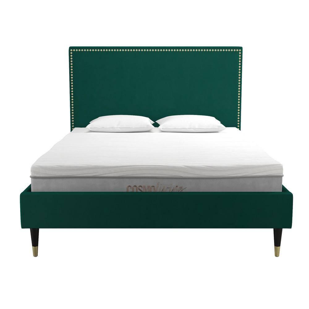 CosmoLiving by Cosmopolitan Queen Audrey Velvet Upholstered Bed Emerald Green: Luxury Glam Style, No Box Spring Needed