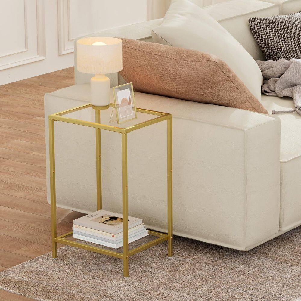 15 in. Gold Metal and Glass Rectangle End Table with 2-Tier Storage
