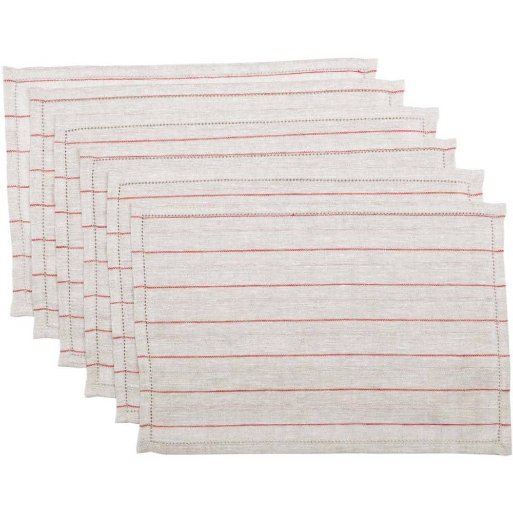 VHC Brands Charley Striped Linen Farmhouse Tabletop Kitchen Placemat Set of 6, Set 12x18, Red