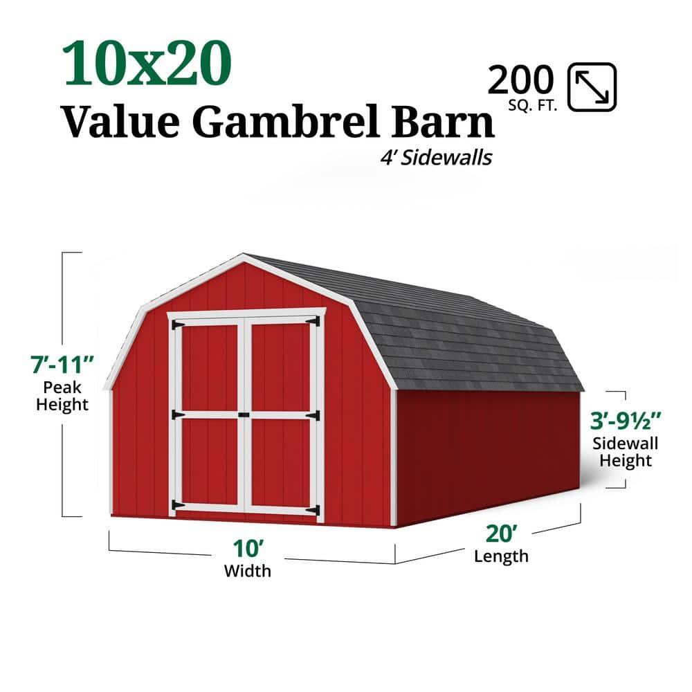 Little Cottage Co. 10x20 Value Gambrel Barn with 4 ft. Sidewalls with Floor, Outdoor Wood Storage Shed Do-It-Yourself Precut Kit