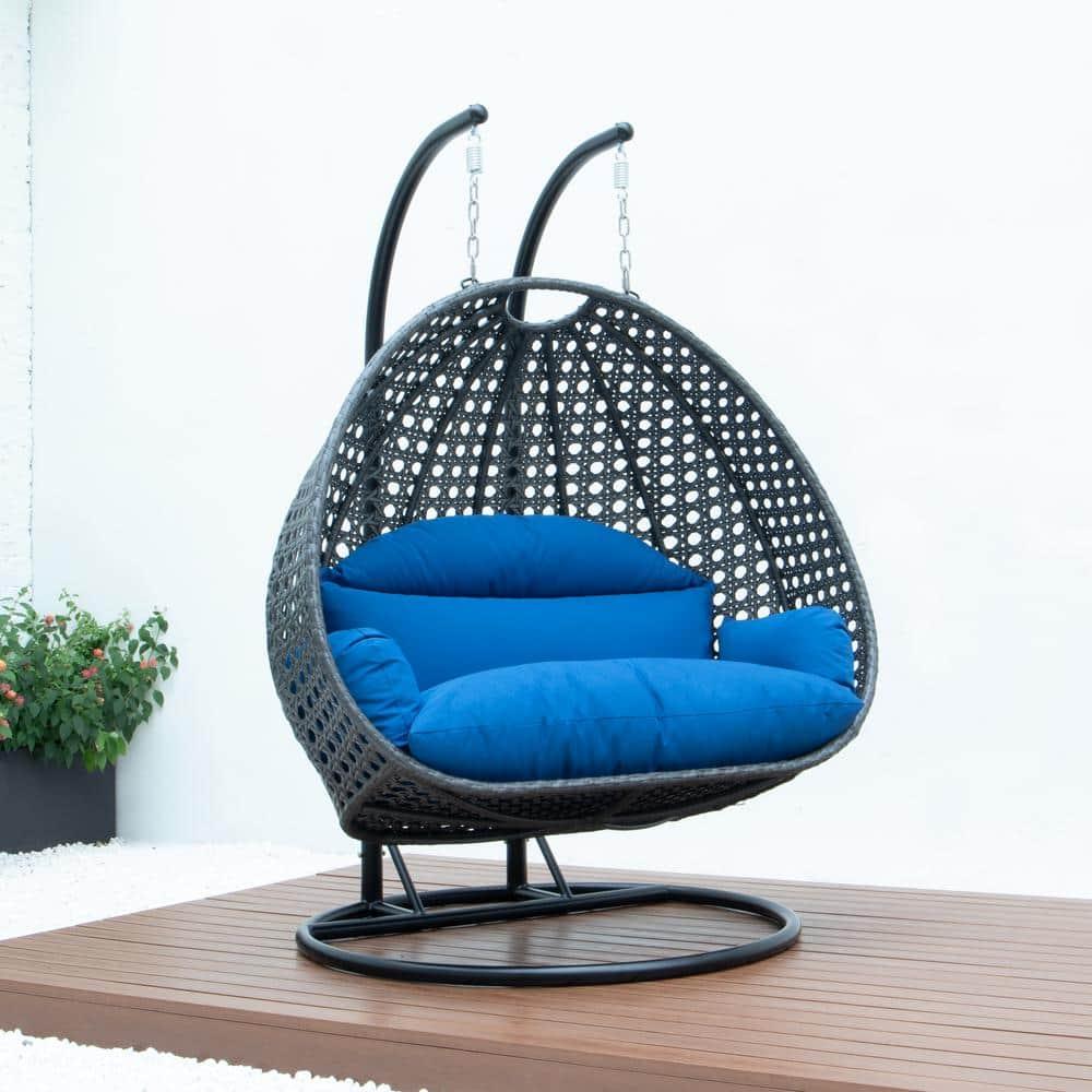 LeisureMod Charcoal Rattan Wicker Double 2 Person Egg Swing Chair with Stand, Blue Cushion