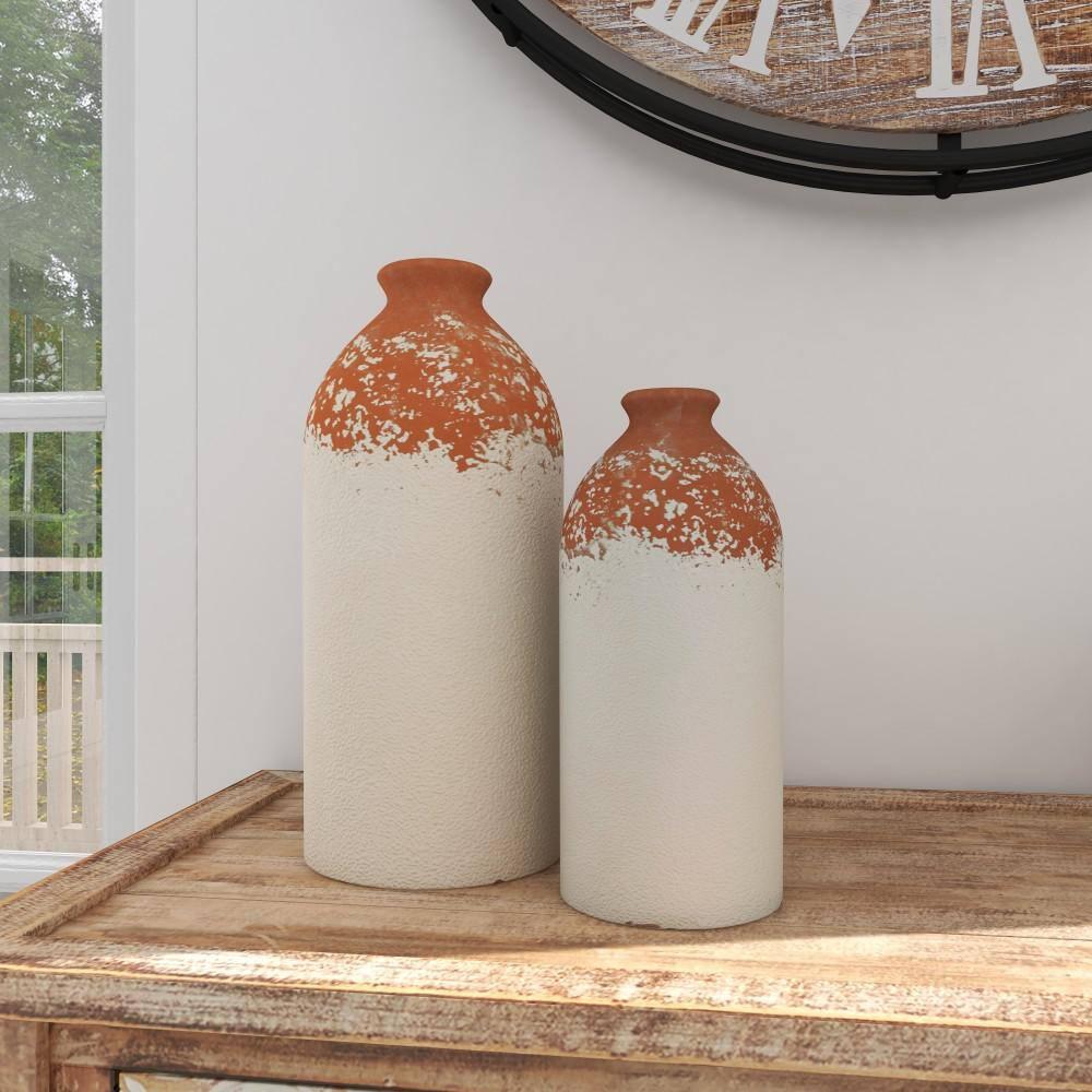 Novogratz Ceramic Decorative White Vase with Terracotta Detailing Set