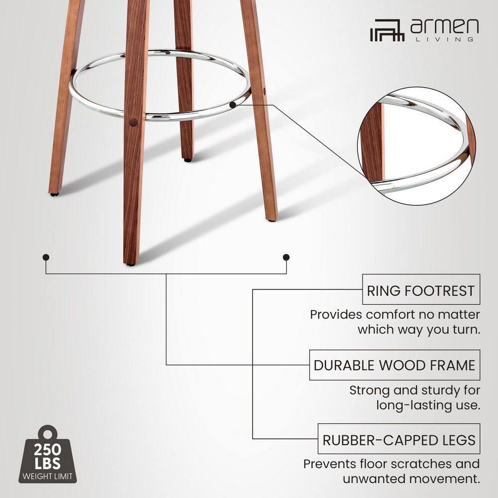 Armen Living 26" Daxton Counter Height Barstool with Cream Faux Leather Seat Walnut Finish Frame: Swivel, Footrest, Upholstered