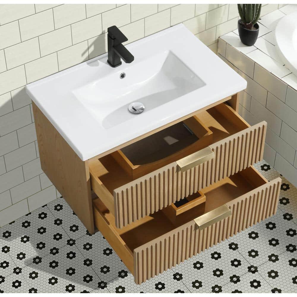 San Diego 30" Oak Floating Bathroom Vanity with Ceramic Sink