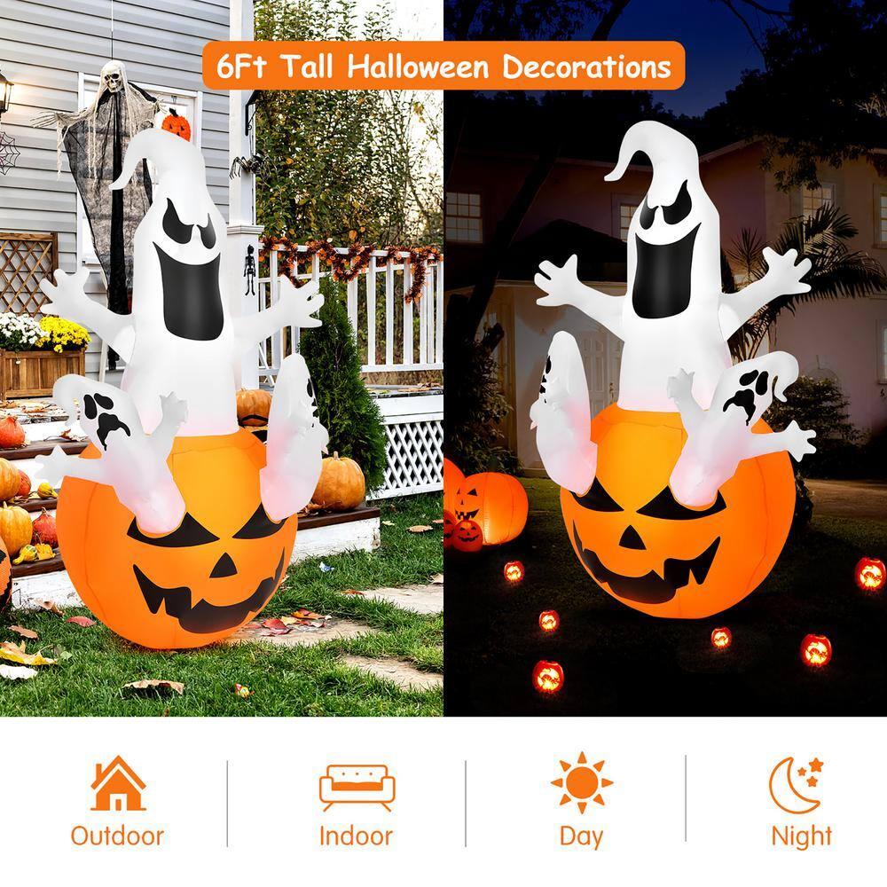 Tangkula 6ft Halloween Inflatables Ghost Pumpkin-Halloween Blow Up Yard Decorations w/Build-in LED Light