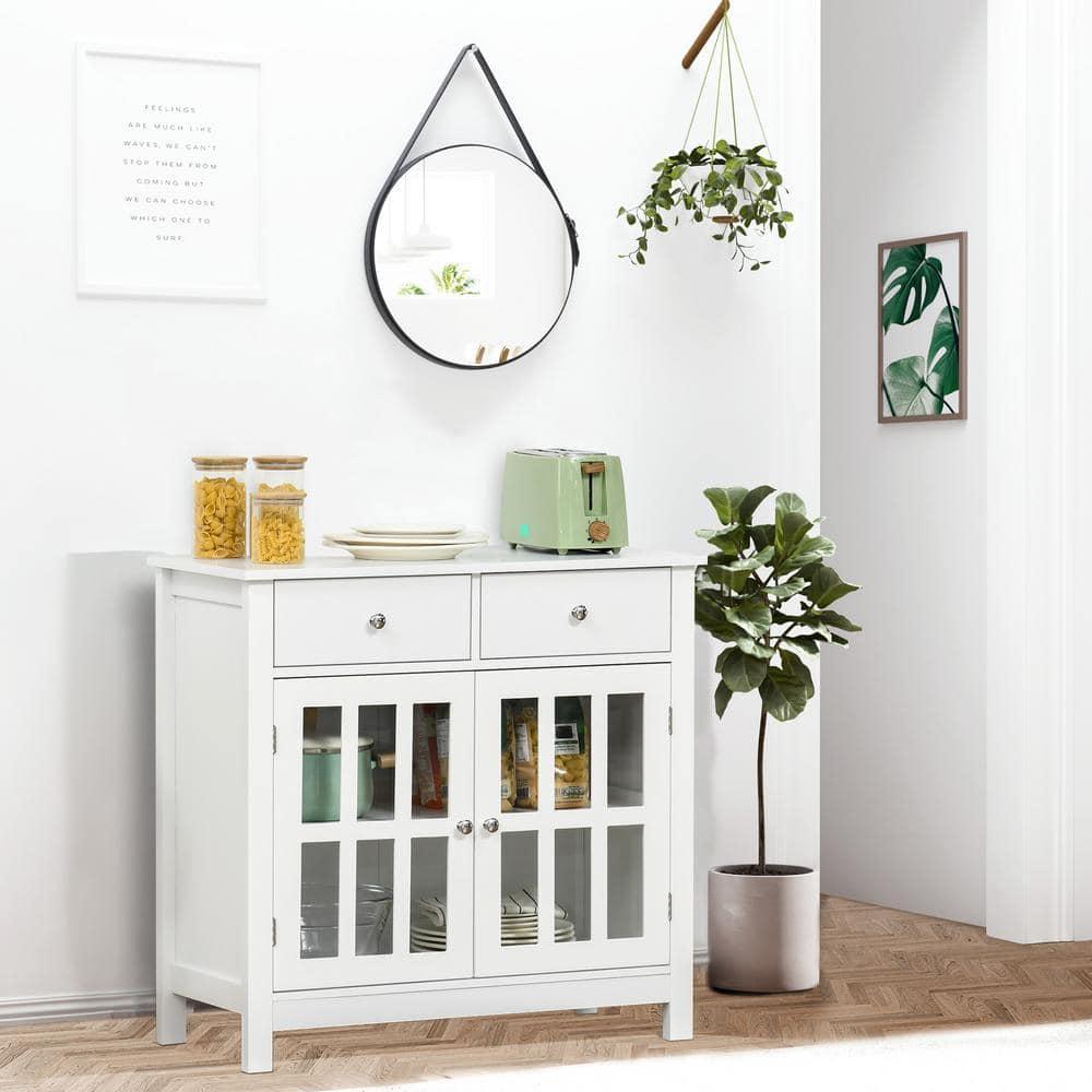 HOMCOM Sideboard Buffet Cabinet, Storage Cupboard with Glass Doors, Adjustable Shelf and 2 Drawers for Kitchen, White