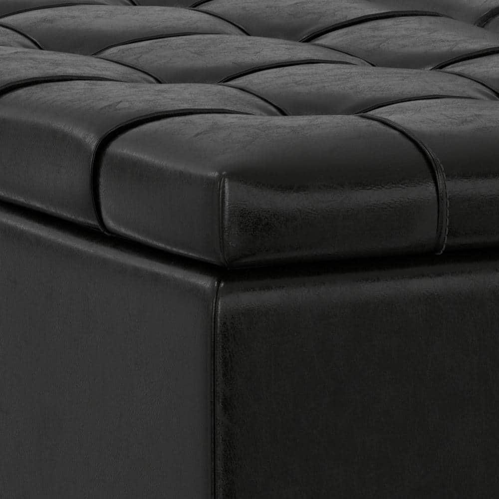 Simpli Home Laura 36"W Upholstered Square Storage Ottoman with Split Lift Top and 2 Storage Compartments