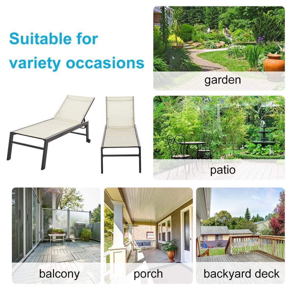 Outsunny Chaise Lounge Outdoor Pool Chair with Wheels, Five Position Recliner for Suntanning, Sunbathing, Steel Frame, Breathable Fabric, Cream White