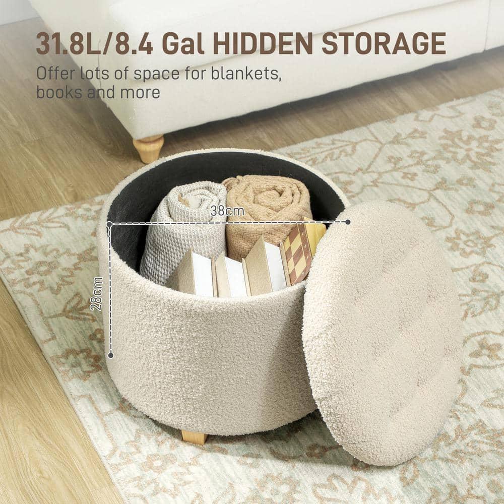 HOMCOM 18" Round Ottoman with Storage, Teddy Fleece Button Tufted Bedroom Stool with Removable Lid and Wood Legs for Living Room, Hallway, White