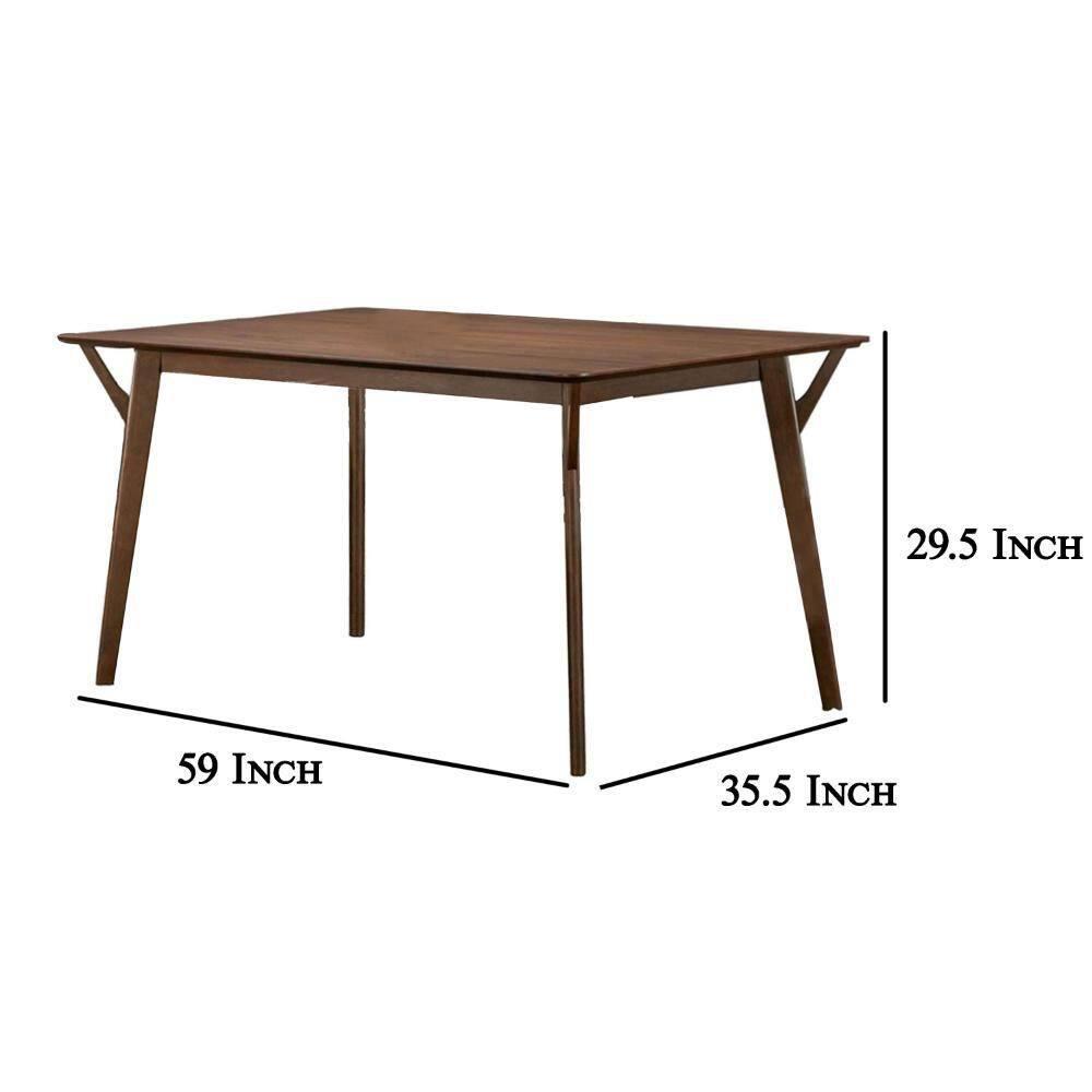 Benjara Skie Dining Table, 59 Inch Rectangular Top, Angled Legs, Brown Solid Wood