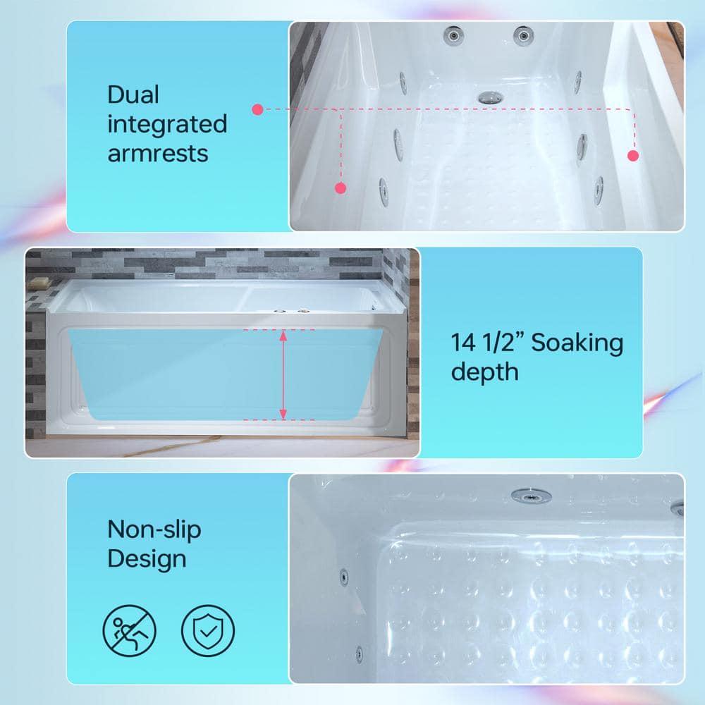 60" x 30" Whirlpool Heated Rectangular Alcove Acrylic Bathtub with Chrome/Matte Black Drain and Overflow