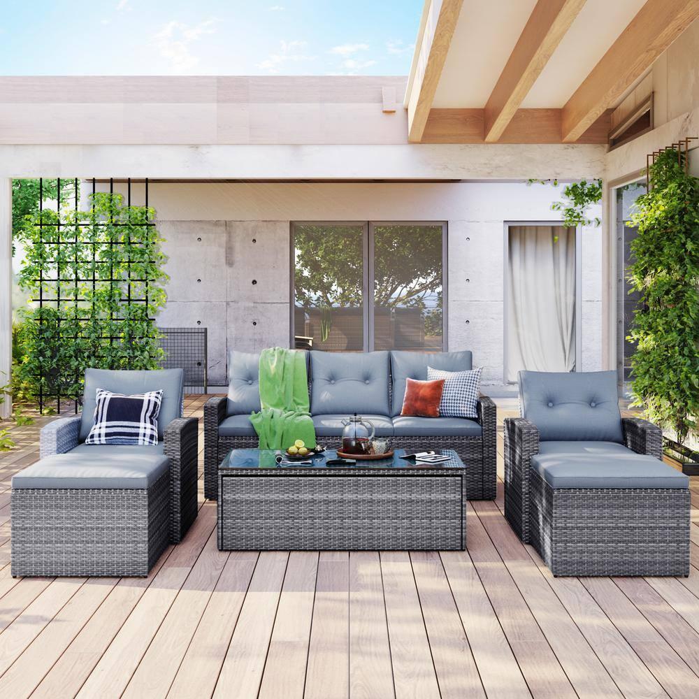 Outdoor Sectional Sofa Set, Patio Outdoor Furniture Wicker with Powder Coated Steel and Cushions for Pool Backyard Lawn, Gray