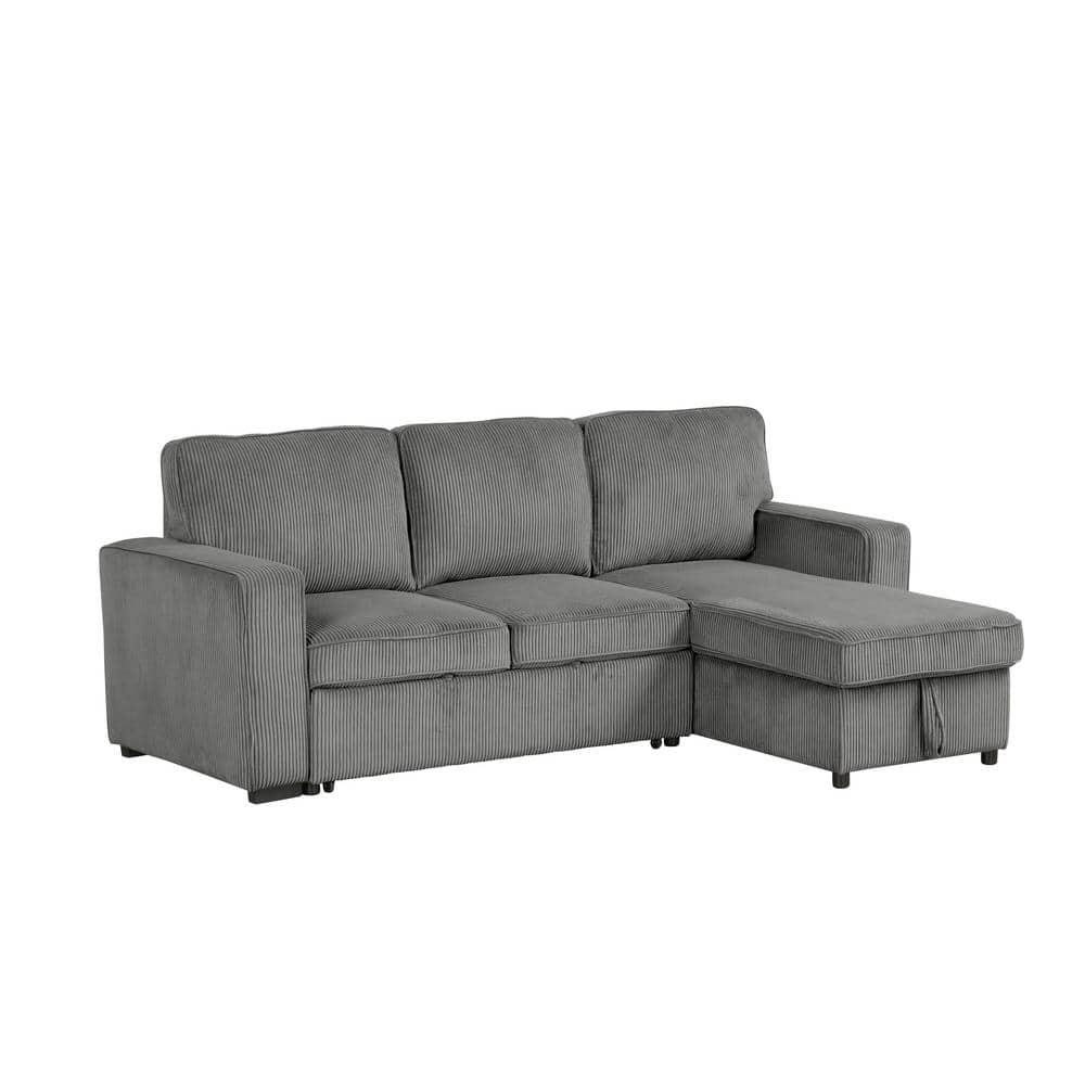 HOMES: Inside + Out Paeke Sleeper Sectional Sofa Corduroy with Storage Chaise and Reversible Dark Gray