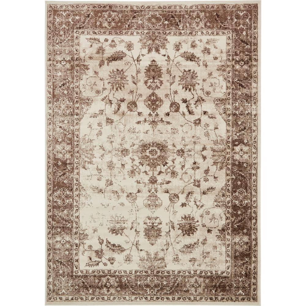 Ivory and Brown Synthetic Stain-Resistant Rectangular Area Rug