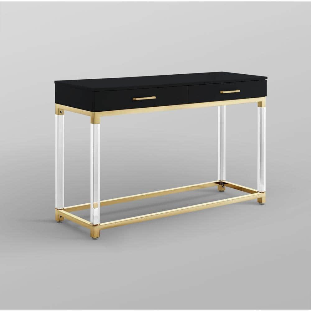 Inspired Home Alena Console Table 2 Drawers High Gloss Acrylic Legs Gold Stainless Steel Base Modern Design, Black/Gold