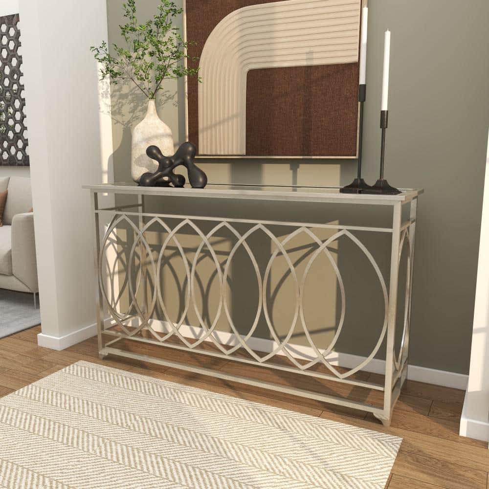 Mercer41 Metal Geometric Living Room Console Table with Mirrored Glass Top