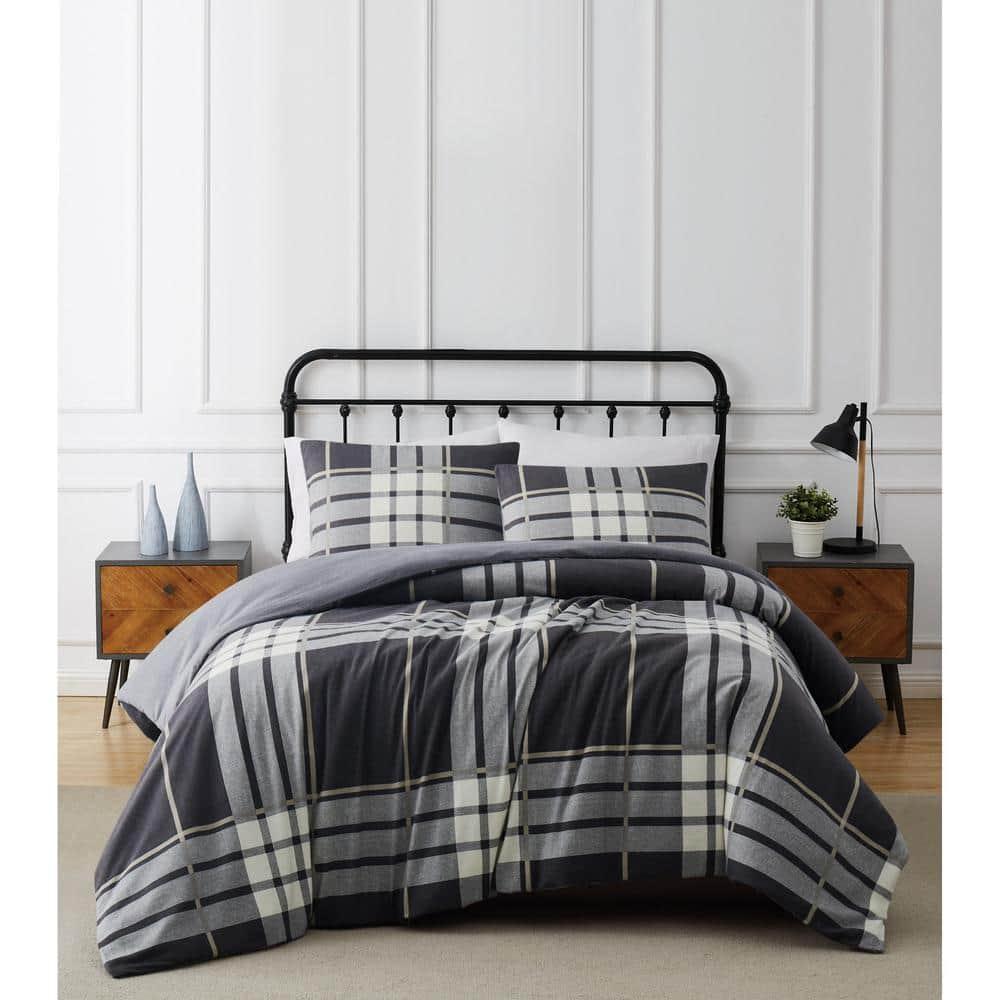 3pc Full/Queen Milo Plaid Flannel Duvet Cover Set Gray - Truly Soft