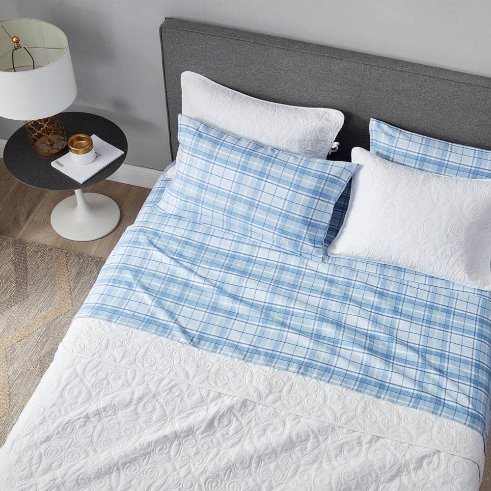 Vanessa Light Blue Cotton Flannel Full Plaid Sheet Set