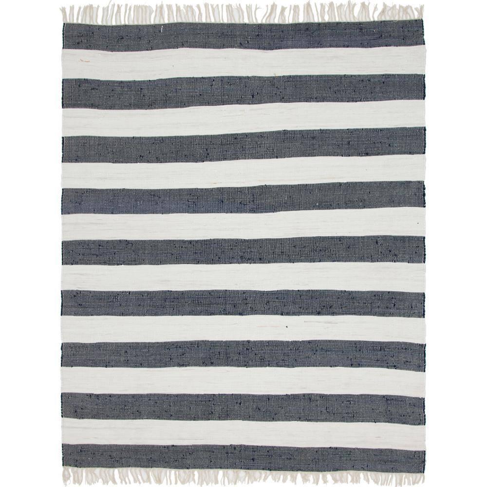 Unique Loom Chindi Rag Collection Area Rug - Striped (8'  x 10' Rectangle Navy Blue/Ivory)