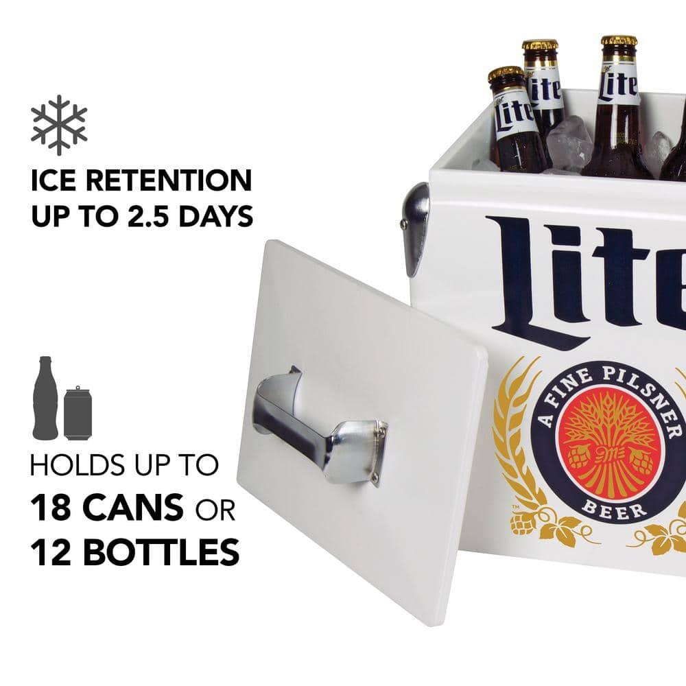 Miller Lite Retro Ice Chest Cooler with Bottle Opener 13L (14 qt), White and Blue