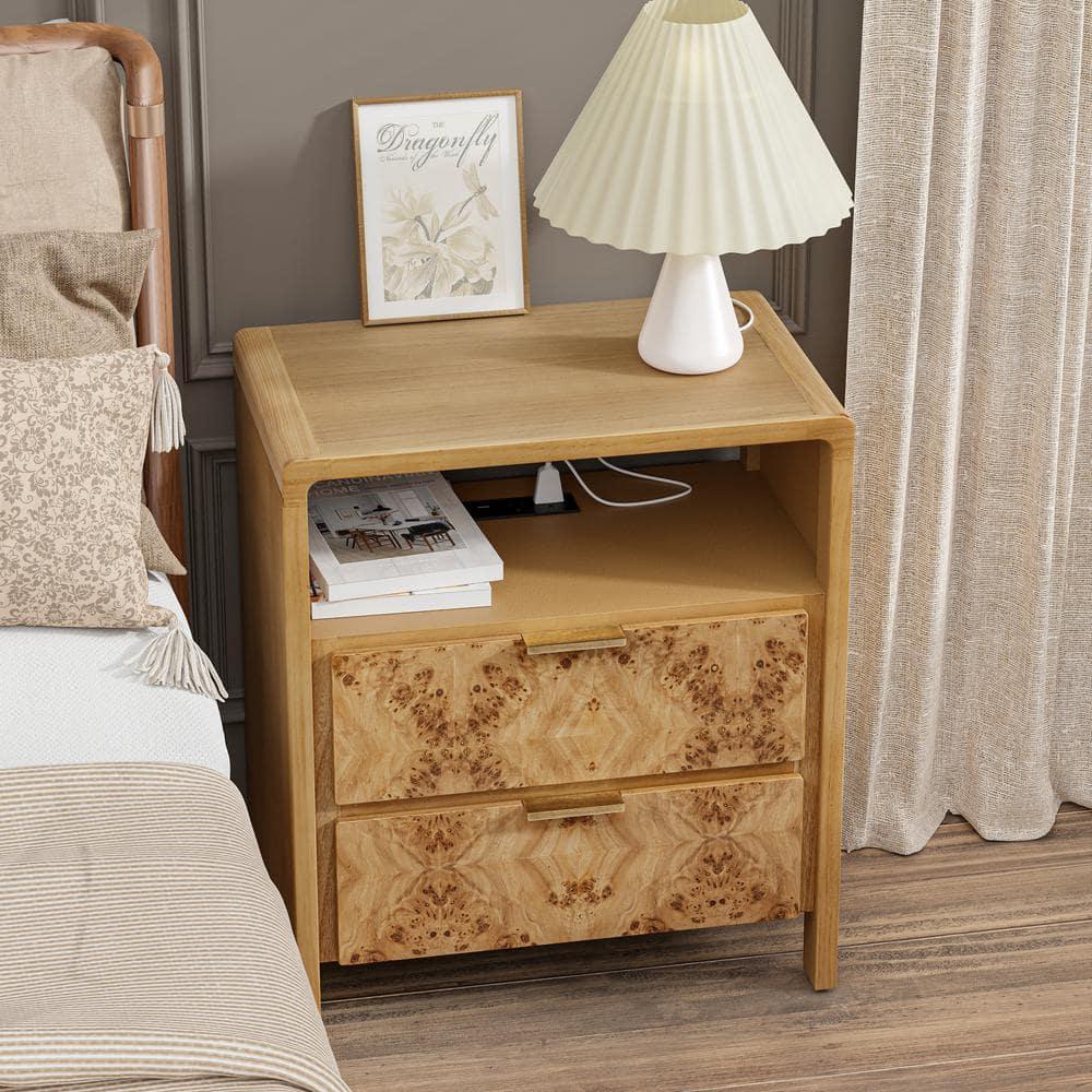 COZAYH Farmhouse 2 Drawer Home Bedroom Nightstand with Charging Station, Side Table with Power Outlet, USB and Type-C Ports, Burl Wood Finish, Natural