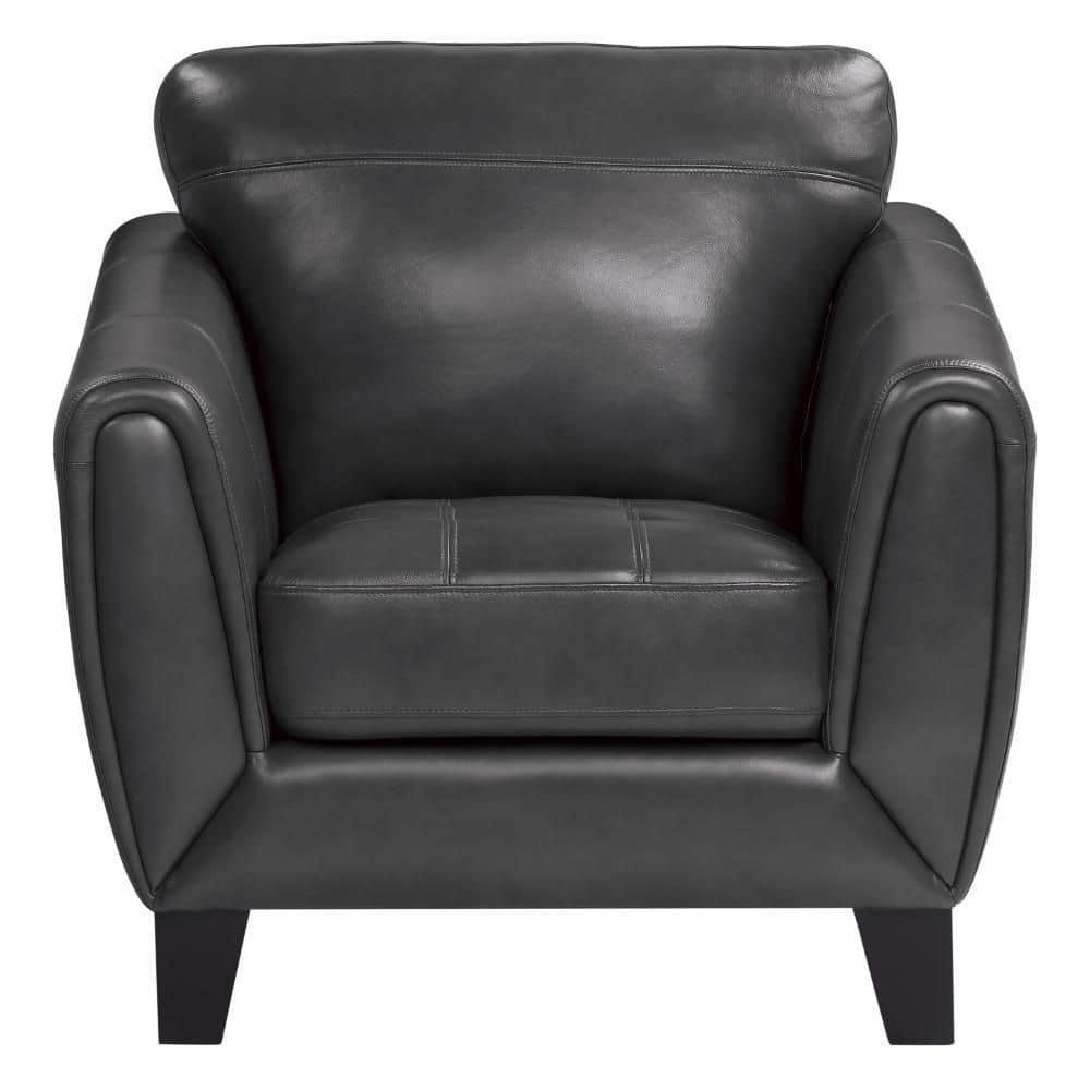 Benjara Sofy 37 Inch Accent Chair, Dark Gray Top Grain and Faux Leather, Solid Wood