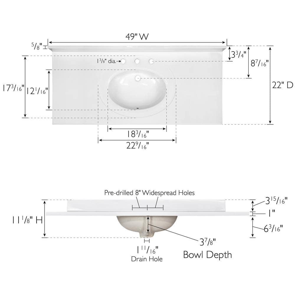 Cultured Marble Widespread Vanity Top – 49-Inch Single Bowl Sink 8-Inch Widespread with Integrated Backsplash – Reinforced Packaging – Solid White, Design House, 586388