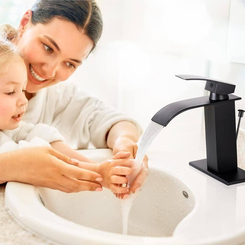 KZH Vessel Sink Faucet, Matte Black Tall Waterfall Spout Bathroom Faucet,Single Handle Bathroom Sink Faucet for 1 Hole Mixer Tap Washbasin Vanity Faucet with Pop-up Drain and Supply Hoses