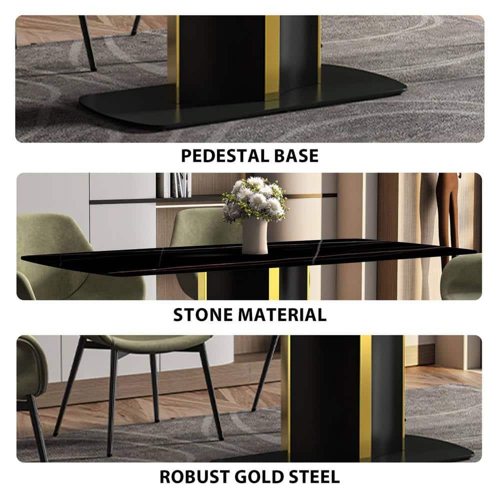 LeisureMod Sylva 62" Rectangular Dining Table Indoor Modern Kitchen Table with Sintered Stone Wide Top and Steel Pedestal Base in Black/Gold