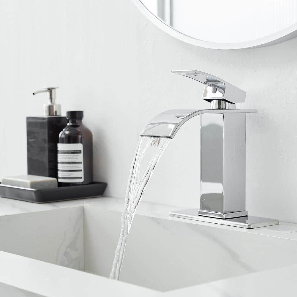 Midanya Waterfall Spout Bathroom Faucet Single Handle 1 Hole Bathroom Sink Faucet,Modern RV Lavatory Vanity Basin Tap with Water Hose,Short Body,Polish Chrome