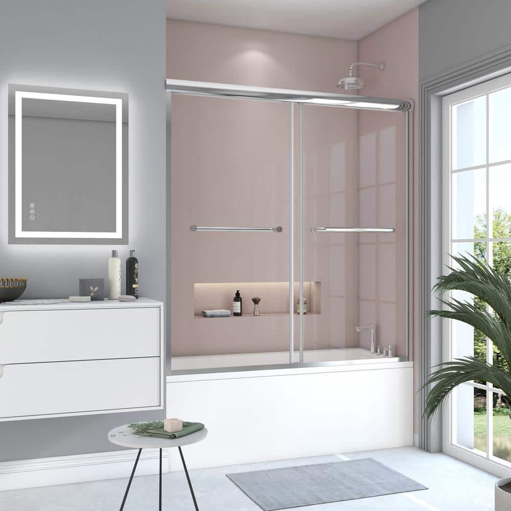 60 in. W x 62 in. H Framed Sliding Bath Tub Door in Bright Silver with 5/16 in. Tempered Clear Glass