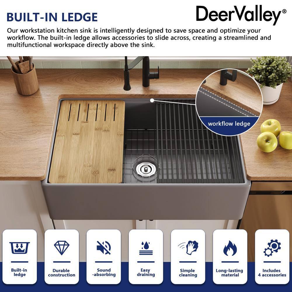 33"L x 20"W Farmhouse Kitchen Sink Deep Single Bowl Fireclay Workstation Sink with Cutting Board and Dish Drying Rack