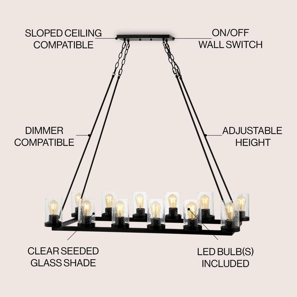 JONATHAN Y JYL7555A Coronet 45.5" 12-Light Seeded Glass/Iron Rustic Farmhouse Rectangular LED Candelier, Industrial, Vintage for living room, dinning room, bedroom Bulb Included, Oil Rubbed Bronze