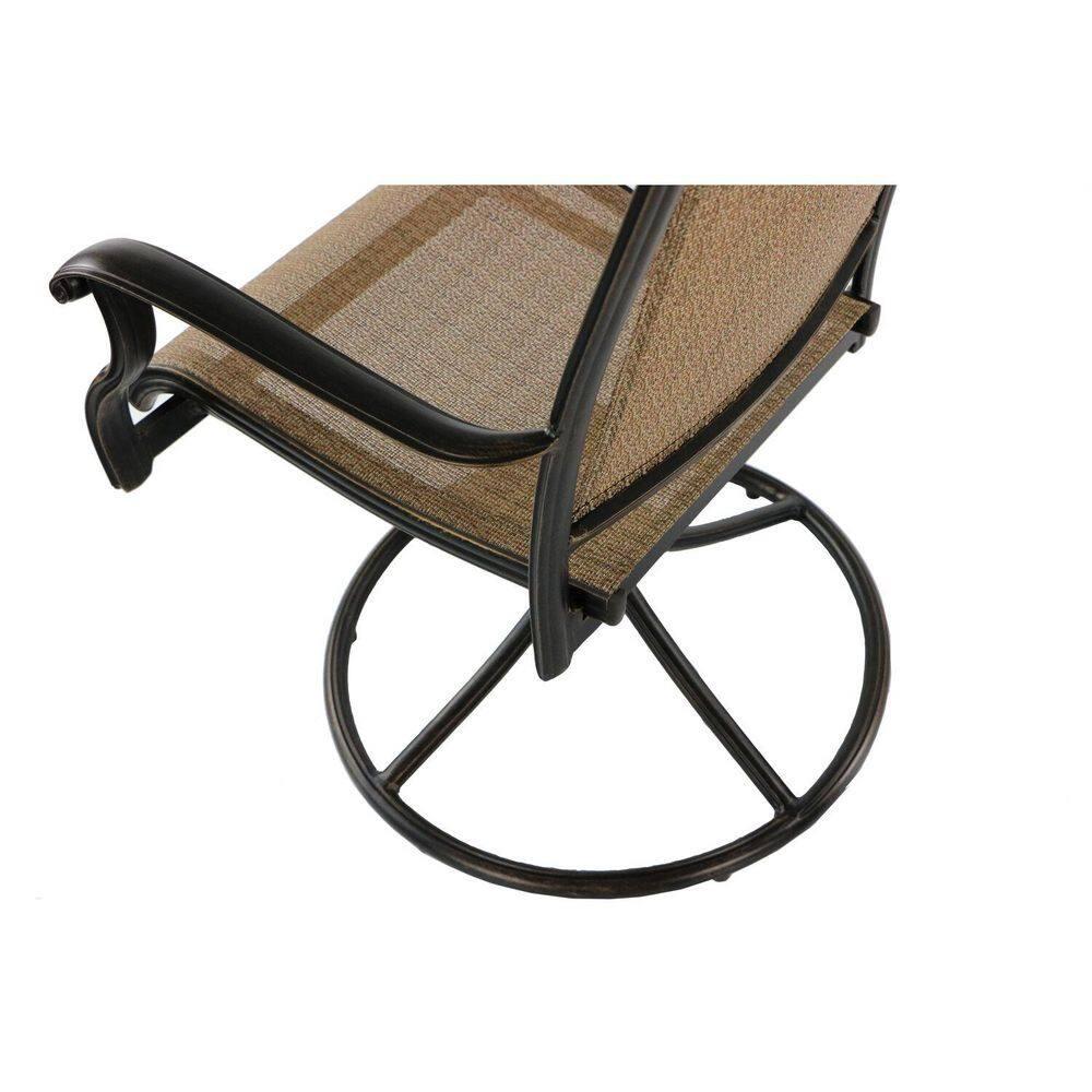 Hanover Fontana 7-Piece Outdoor Dining Set with 2 Sling Swivel Rockers, 4 Sling Chairs, and a 38-In. x 72-In. Cast-Top Table