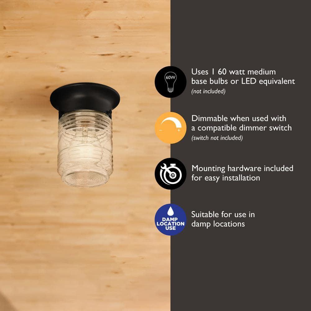 Design House Jelly Jar 1-Light Indoor/Outdoor Flush Mount Ceiling Light with Clear Ribbed Glass, Black