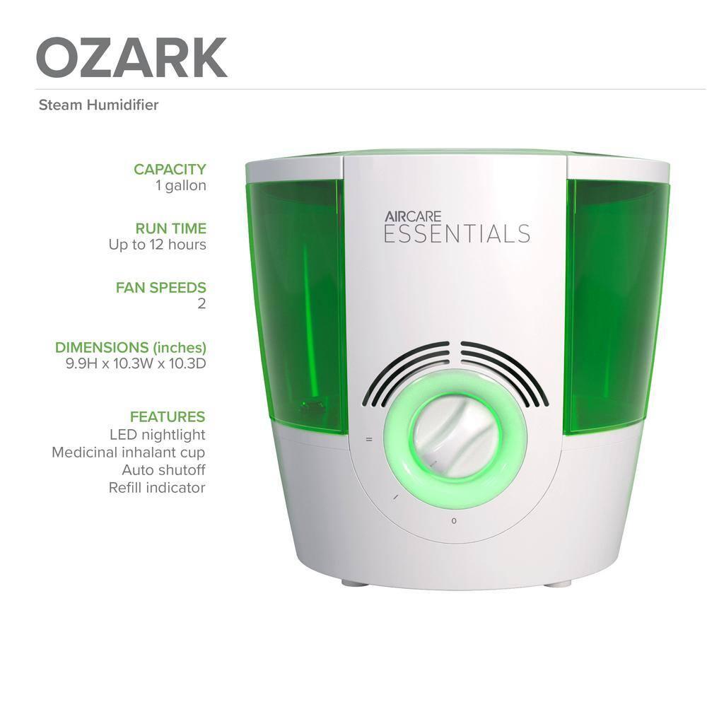 AIRCARE ESSENTIALS Ozark Steam Humidifier White/Green: Warm Mist Vaporizer, 2 Settings, 500-800 sq. ft., No Filter Needed