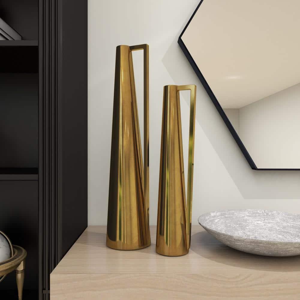 Olivia & May Set of 2 Modern Tapered Iron Pitcher Vases Gold: Luxury Glam Decor, Amphora Style, Tabletop Display