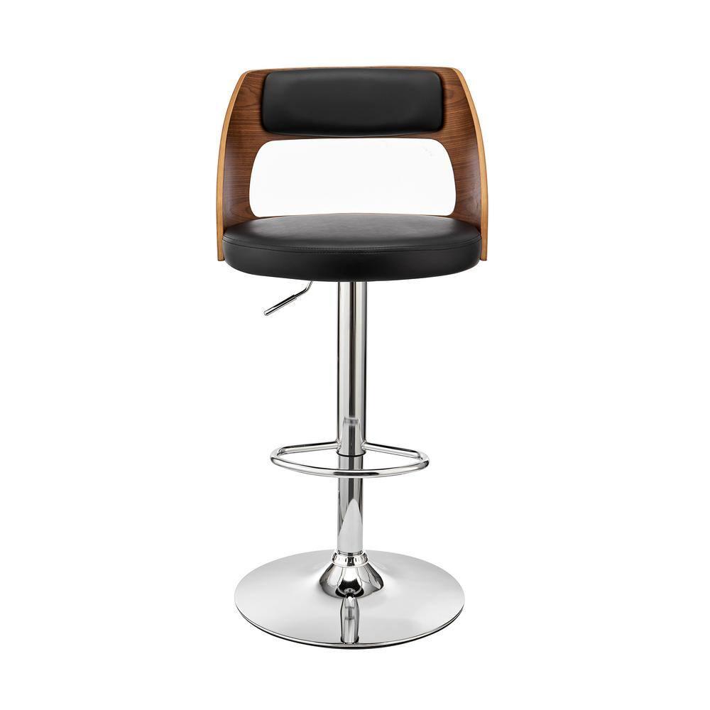 44 x 19 x 19 in. Paulo Adjustable Swivel Faux Leather & Walnut Wood Bar Stool with Base, Black & Chrome