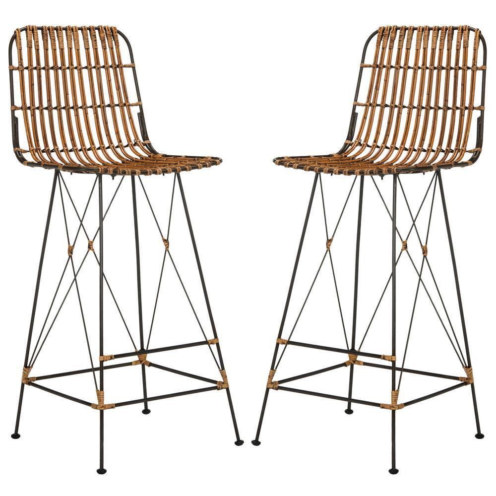 Minerva Wicker Bar Stool (Set of 2) - Natural/Black - Safavieh