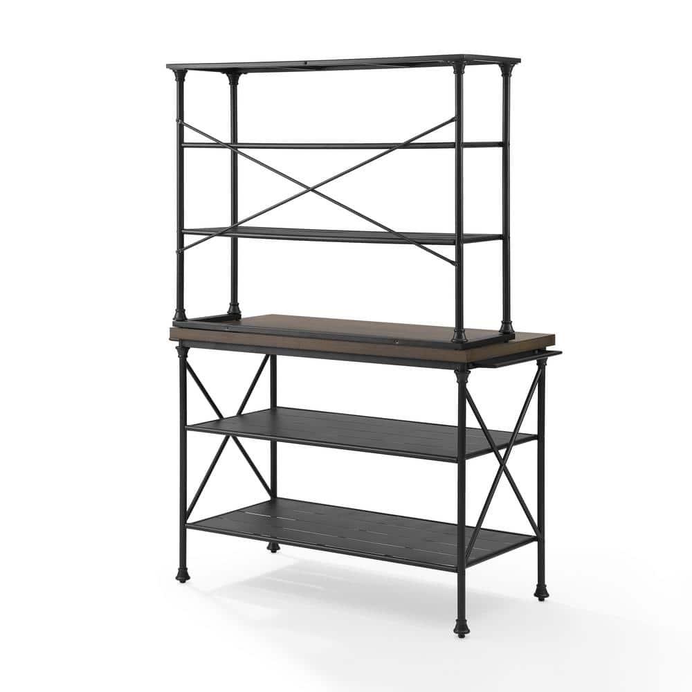 Madeleine Kitchen Island and Hutch Matte Black - Crosley: Veneer Surface, Metal Frame, 6 Open Shelves