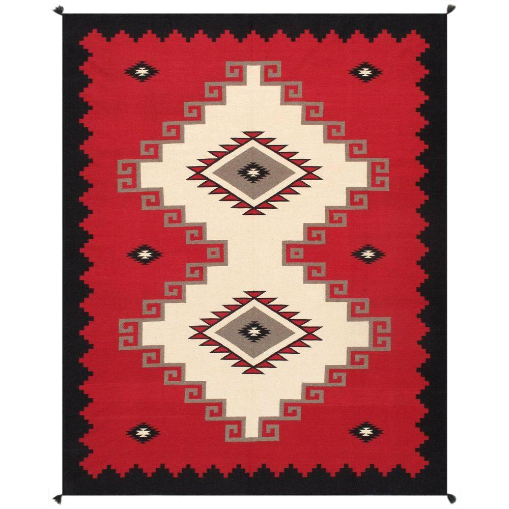 Ivory and Red Geometric Wool 8' x 10' Handmade Rug