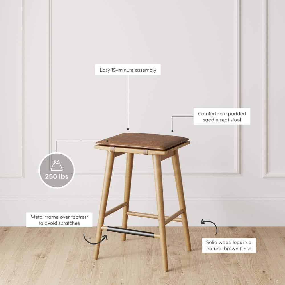 Nathan James Barker Wood Cushioned Counter Height Barstool Warm Pine/Chestnut: Upholstered Rectangle, 250lb Capacity