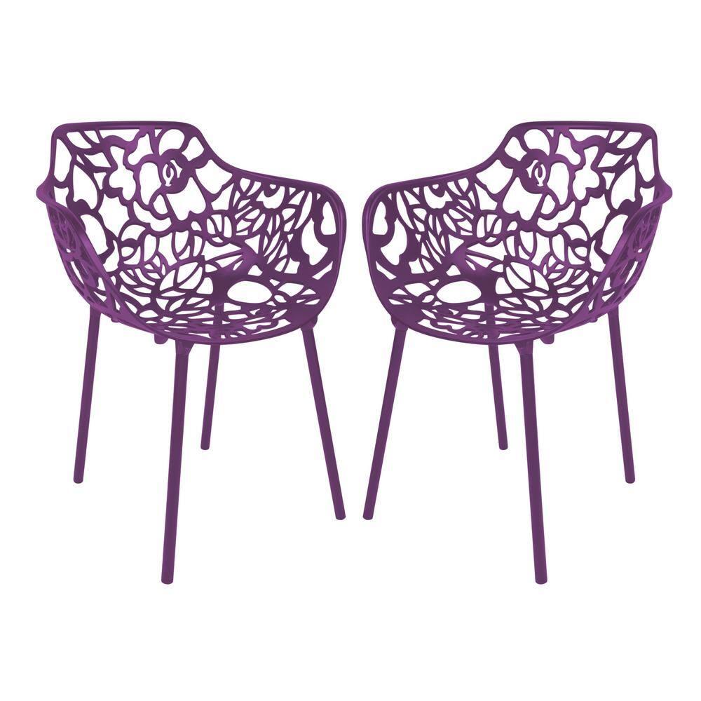 LeisureMod Devon Aluminum Stackable Outdoor Dining Armchair Set of 2, Purple