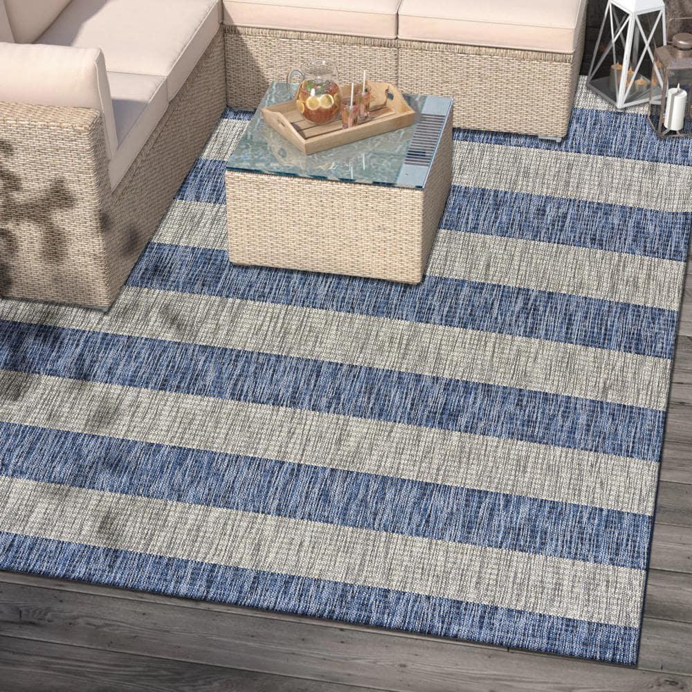 LR Home Camila 7'9" x 9'9", Gray/Blue Stripe Fade, Stain, and Moisture Resistant Indoor/Outdoor Area Rug