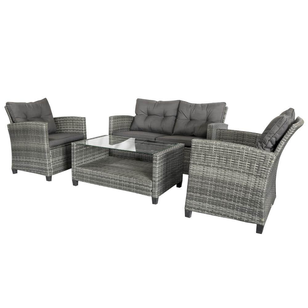 Outsunnny 4 Piece Patio Furniture Set, Outdoor Wicker Loveseat Sofa & Chairs, with 2-Tier Coffee Table & Tufted Cushions, Carbonized