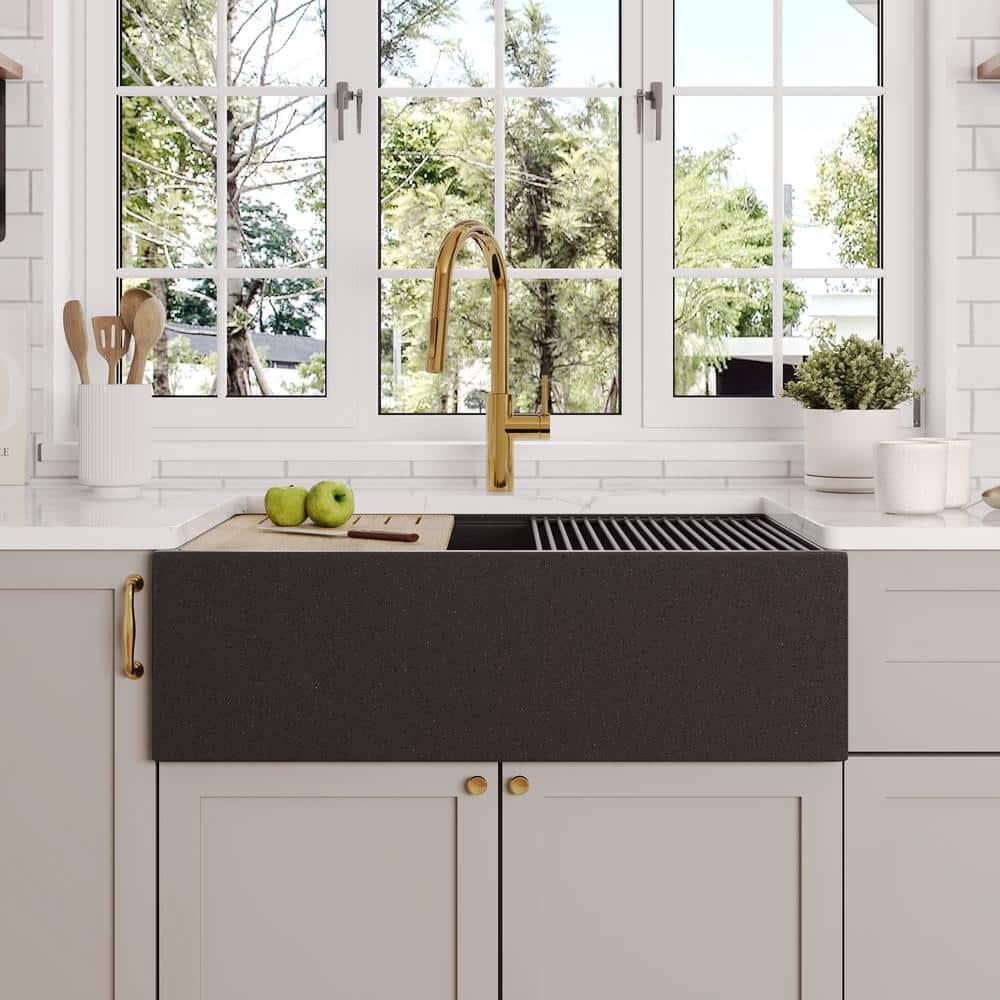 30-inch L Single Bowl Concrete Workstation Farmhouse Kitchen Sink Large Capacity Deep Dual Mount with Accessories