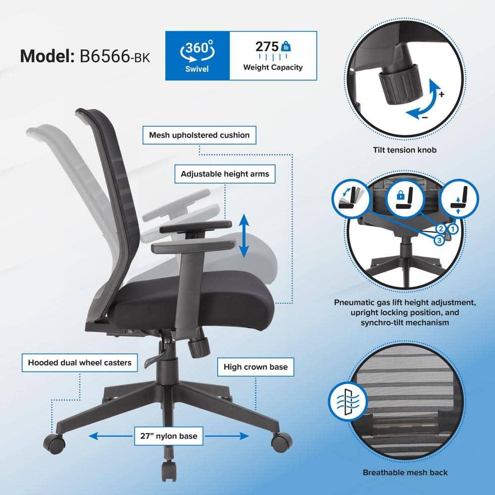 Linear Mesh Task Chair Black - Boss Office Products: Synchro-Tilt, Adjustable Arms, 275lbs Capacity