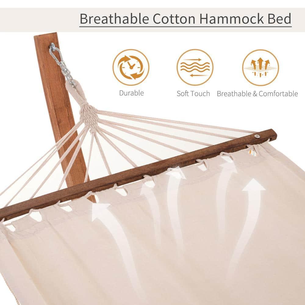 Outsunny Outdoor Hammock with Stand, Heavy Duty Wooden Frame, No Tree Needed, Indoor Outside Boho Style Nap Bed, Natural Cotton, White